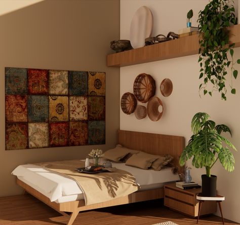 The room features a serene and naturalistic design, emphasizing organic textures and warm tones. A prominent wall adorned with colorful, patterned panels serves as the focal point, complemented by rattan wall decorations and rich wooden furniture. Lush green plants add vitality, creating a cozy, earthy ambiance.
#EarthyElegance
#BedroomDesign
#NaturalTextures
#HomeDecor
#InteriorDesign
#CozyHome
#PlantLover
#WarmTones
#RattanDecor
#BohoChic Naturalistic Design, Tranquil Bedroom, Rattan Wall, Organic Textures, Bedroom Retreat, Wall Decorations, Wooden Furniture, Lush Green, Green Plants