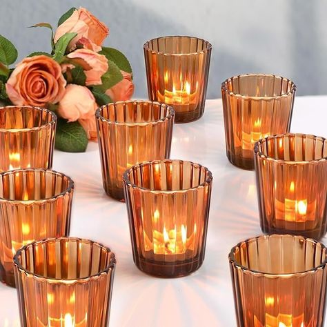 Amazon.com: NITIME 24pcs Vintage Ribbed Amber Votive Candle Holders, Fall Centerpieces for Tables, Tealight Candle Holder for Wedding Decor, Boho Home Decor, Christmas Decor : Home & Kitchen Gold Votive Candle Holders, Wedding Decor Boho, Centerpieces For Tables, Fall Wedding Tables, Fall Centerpieces, Vintage Centerpieces, Amber Candle, Thanksgiving Wedding, Candles Wedding