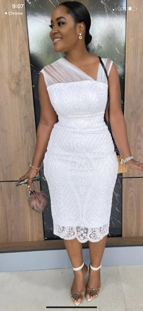 African Dresses For Women In White, Short White Lace Gown Styles Aso Ebi, Bridal Certain Styles In Ghana, Simple Short Lace Gown Styles Aso Ebi, Knee Length Lace Dress Classy, White Lace Dress Styles Ghana For Wedding, Simple Owambe Lace Styles, Ankara White Dress Styles, Ankara Lace Dress Styles For Weddings