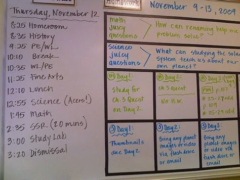 I love how the board is separated, I especially like the "juicy" questions...a way to remember purposeful talk and/or critical writing questions. The kids would look forward to seeing these and would make sure you got to it!! White Board Schedule Ideas, Classroom Whiteboard Organization, Classroom Objectives, Middle School Organization, Organization Schedule, Objectives Board, Juicy Questions, Whiteboard Organization, Classroom Whiteboard