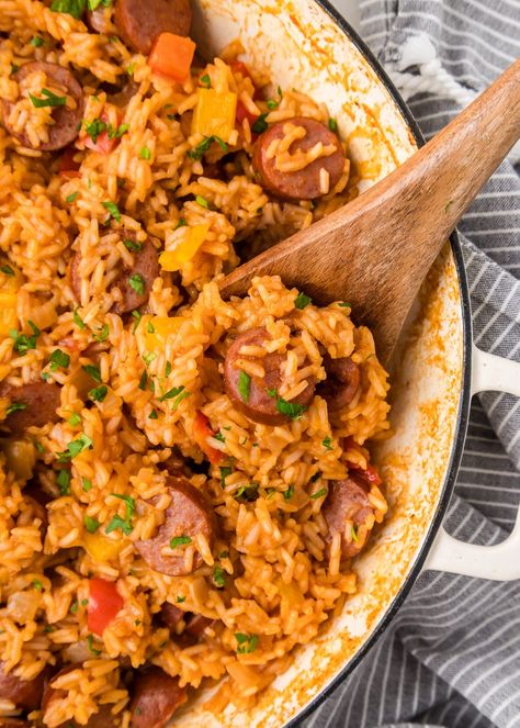 Cajun Sausage and Rice | Greens & Chocolate Sausage Pepper And Rice, Recipe For Sausage And Peppers, Kalbasa Rice Recipes, Recipes With Chicken And Sausage, Smoked Sausage Rice Skillet, Rice And Smoked Sausage, Cajun Sausage And Rice Recipes, Creamy Rice And Sausage, Sausages And Rice