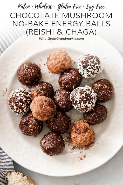 Boost your immunity with these antioxidant rich Chocolate Mushroom Paleo No-Bake Energy Balls, and learn the amazing health benefits of reishi and chaga mushrooms! #paleo #energyballs #whole30 #tcm #medicinal mushrooms #reishi #chaga #nobakedesserst #glutenfree #grainfree #dairyfree #eggfreedesserg #refinedsugarfree #healthydessert #superfood #traditionalchinesemedicine Aip Lifestyle, Aip Snacks, No Bake Energy Balls, Protein Bites Recipe, Unbound Wellness, No Bake Energy, Energy Ball Recipe, Auto Immune, Aip Diet