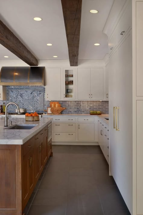 Exposed Beam Kitchen With Antique Accents | Bilotta Kitchen & Home Beam In Kitchen, Mid Century Modern Home, Mid Century Modern Kitchen, Classic Kitchen, Farmhouse Style Kitchen, Modern Farmhouse Kitchens, Mid Century Modern House, Mid Century House, Kitchen Layout