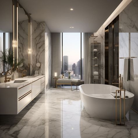 This bathroom boasts a luxury walk-in shower with marble walls that shimmer under the lights. Modern Master Bathrooms, Marble Walls, Beautiful Master Bathrooms, Luxury Master Bathrooms, Master Bathrooms, Special Style, Modern Masters, Big Windows, Marble Wall