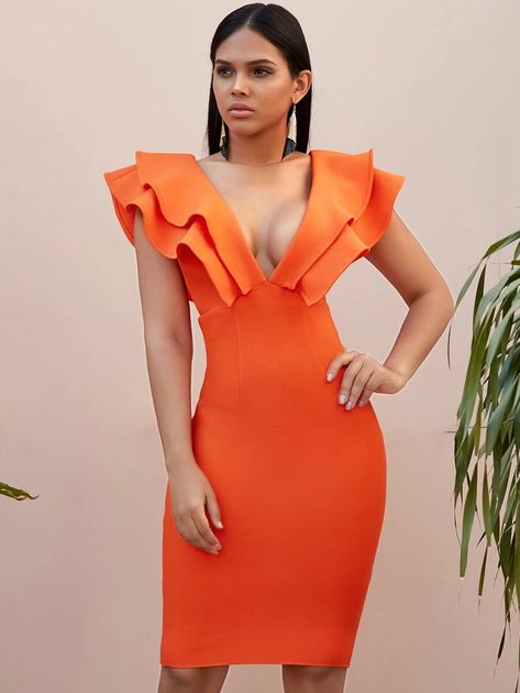 Layered Ruffle Dress, Summer Orange, Deep V Neck Dress, Bodycon Dress Online, Bandage Midi Dress, Looks Party, Sleeveless Bodycon Dress, Club Dress, Solid Dress