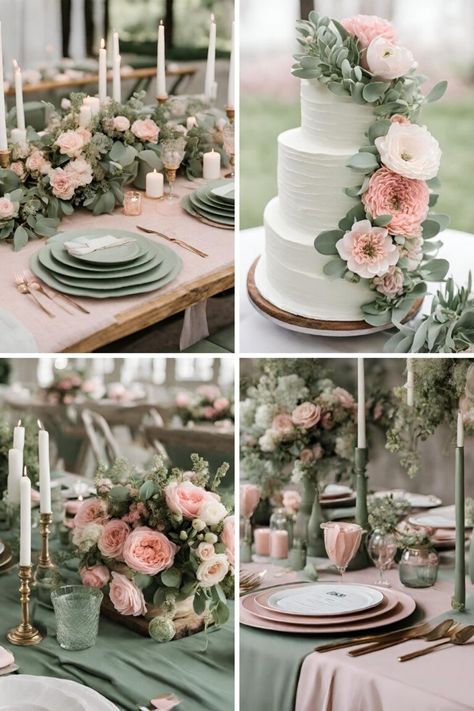 Outdoor Wedding Ideas Sage Green, October Wedding Ideas Indoor, Wedding Inspo Elegant Decor, Sage And Pink Party Decor, Sage Green And Pink Quinceanera Theme Decor, Sage Green Bridal Party Color Palettes, Quinceanera Color Schemes, Wedding Theme Sage Green, Sage Green Quinceanera Theme