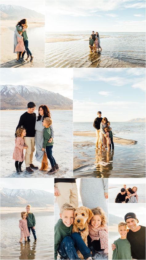 Salt Flat Family Pictures, Family Lake Photo Shoot, Dog Golden Doodle, Doodle Family, Family Picture Outfit Ideas, Picture Outfit Ideas, Salt Flats Utah, Big Family Photos, Mom And Kids