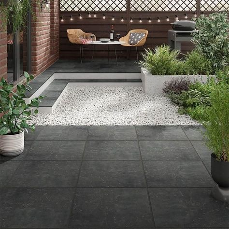 Langley Black 600x600 | Tiles | Tile Giant Modern Planting, Tiles Garden, Outdoor Tiles Floor, Small Front Gardens, Outdoor Tile, Paving Design, Front Gardens, Garden Tiles, Small Patio Garden