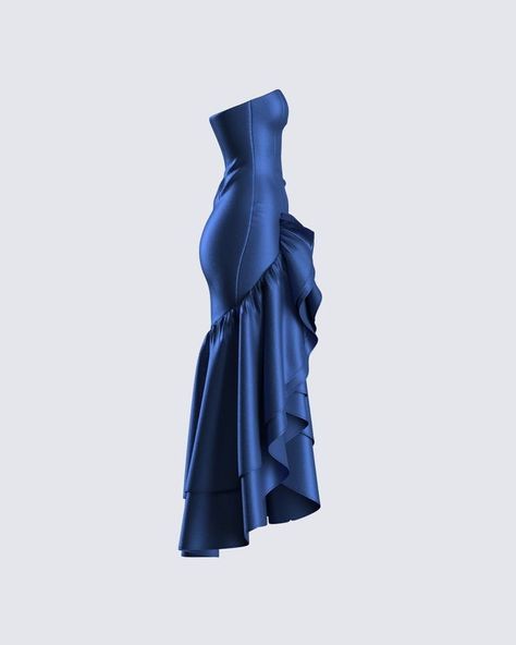 Formal Dresses Ruffles, Dark Blue Dresses, Fashion Design Aesthetic, Elegant Blue Dress, Premier Dress, Blue Ruffle Dress, Ruffle Dresses, Dream Prom Dress, Ruffles Dress