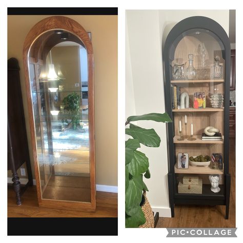 Bought 80s oak arched curio cabinet, added tapered legs, removed mirror back for white oak and replaced glass shelves with white oak shelves. Painted SW Tricorn Black #chinacabinet #tricornblack Curio Cabinet Makeover Black, Black And Wood Curio Cabinet, White Curio Cabinet, Painting Glass Shelves, Redone Curio Cabinet, Glass Curio Cabinet Makeover, Refurbished Curio Cabinet, Arched Curio Cabinet Makeover, Arched Curio Cabinet