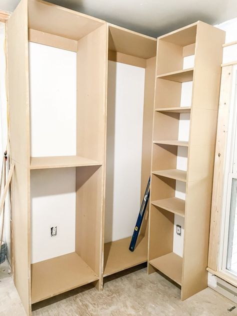 How To Build A Custom Walk-In Closet On A Budget: Part 1 Corner Closet Diy, Small Walkin Closet Ideas Diy, Walk In Closet Ideas Diy Cheap, Diy Corner Closet, Closet Diy Build, Small Walkin Closet, Building A Closet, Closet On A Budget, Diy Walk In Closet