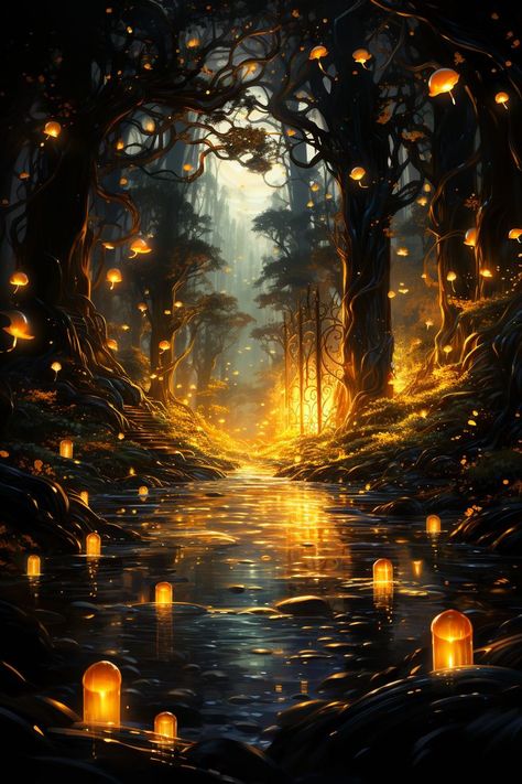 Magical lantern forest pine forest river art. Magical Lantern, Zoom Wallpaper, Forest Drawing, Halloween Facts, Mystical Forest, River Art, Magic Forest, Fantasy Forest, Cute Flower Wallpapers