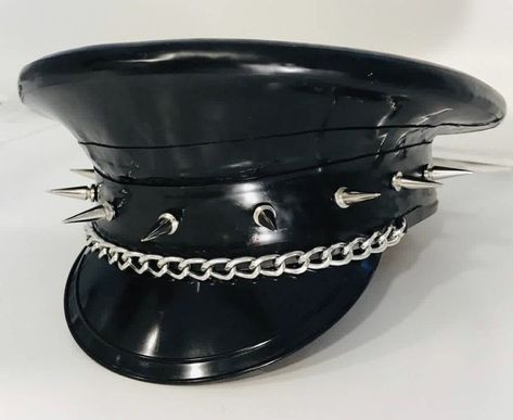 Heavy Accessories Outfit, Black Latex Clothes, Spiked Outfit, Spike Clothes, Black Hat Aesthetic, Spiked Accessories, Punk Hats, Police Hat, Hat Base