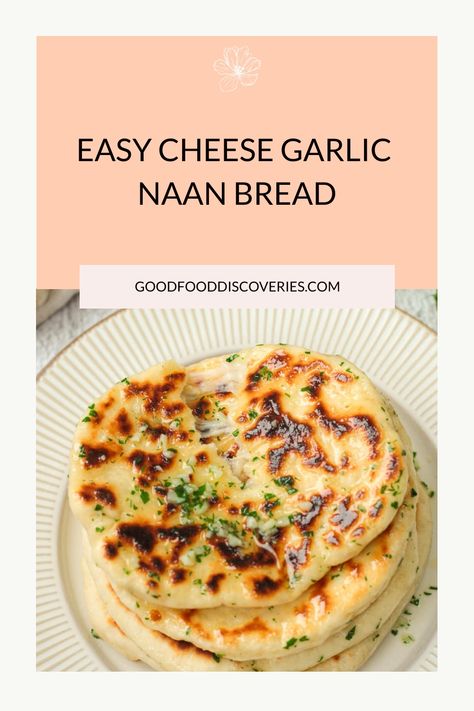 Easy cheese garlic naan bread topped with herbs on a white plate. Easy Garlic Naan, Naan Recipe Without Yeast, Easy Naan Recipe, Garlic Naan Bread, Easy Naan, Garlic Naan Recipe, Chocolate Chip Cookie Brownies, Cookie Brownies, Homemade Naan