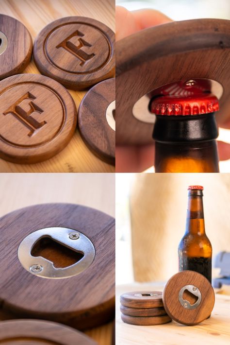 Cnc Bottle Opener, Bottle Opener Coaster, Key Chains Wood, Cnc Projects Woodworking, Bottle Openers On Wood, Bottle Opener Ideas, Bottle Opener Diy, Bottle Opener Wood, Diy Bottle Opener