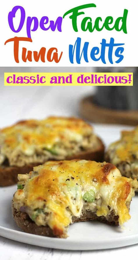 Open Faced Tuna Melts are a staple menu item at our home. A great, tasty, weeknight meal that includes canned tuna, celery, red onion, and spices - all piled high on bread, topped with cheese! | suebeehomemaker.com | #openfacedtunamelts #tunamelts #cheesytunamelts Tuna Fish Melt Sandwich, Tuna Puffs Recipes, Tuna Melt Recipe Open Face, Spicy Tuna Melt Sandwich, Mini Tuna Melts, Tuna Bunwiches, Tuna Melt Sandwich In Oven, Open Face Tuna Melts In The Oven, Tuna Melts Sandwich