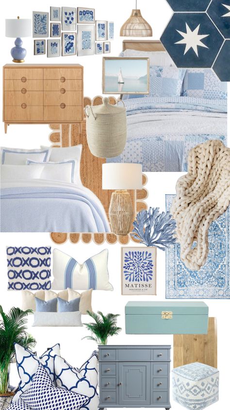 Neutral Coastal Bedroom Decor, Room Decor Ocean Theme, Mama Mia Bedroom Aesthetic, Mama Mia Room Aesthetic, Room Ideas Aesthetic Blue, Blue Beach Bedroom, Blue Room Themes, Blue Room Ideas, Greece Room