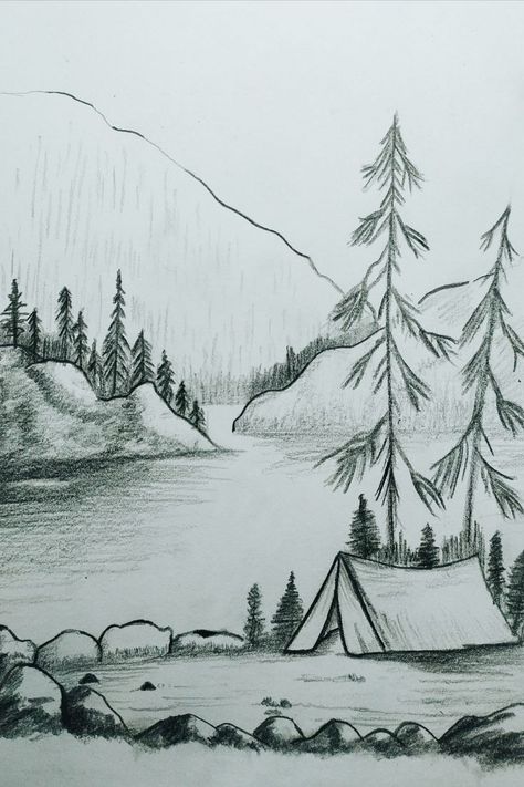 Nature Drawing Pencil Shading, Easy Landscaping Drawing, Pencil Sketch Scenery Nature, Landscape Sketch Pencil Nature Easy, Easy Sketches Of Nature, Outdoor Drawing Ideas, Pencil Drawing Scenery Nature, Drawing Ideas Landscape Pencil Easy, Drawing Ideas Scenery Easy