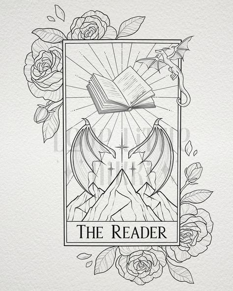 The Reader 📖🥀 this bookish tarot card is for the lovely Jessica who has an undying adoration for books & fantasy 🖤 the piece spans multiple series but you can tell what their favorites might be! #bookish #tarottattoo #acotar Tarot Book Tattoo, Bookish Tattoos Dragon, Fantasy Reader Tattoo Ideas, Fantasy Books Drawing, Line Work Book Tattoo, The Mother Tarot Card Tattoo, The Reader Tattoo Tarot, Disney Tarot Card Tattoo, Acotar Tarot Card Tattoo