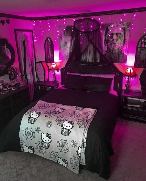 #gothicdecor • Instagram Hello Kitty Skeleton, Emo Room, Halloween Hello Kitty, Gothic Decor Bedroom, Goth Home Decor, Pretty Room, Dreamy Room, Dream Room Inspiration, Gothic Home Decor