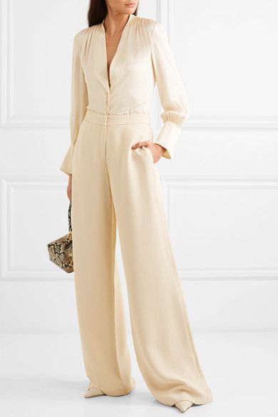 Arjé Silk Satin Shirt Renewal Ceremony, Outfit Office, Pants Cream, Cream Trousers, Fall White, Evening Jumpsuit, Rejina Pyo, Nyc Girl, Silk Jumpsuit