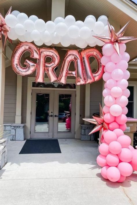 grad party balloon arch Backyard Party Entrance, Balloon Arch For Graduation Party, High School Grad Party, Grad Party Decorations Backdrops, Ou Grad Party, Grad Balloons, Grad Balloon Arch, Pink And Gold Graduation Party, Graduation Photo Backdrop