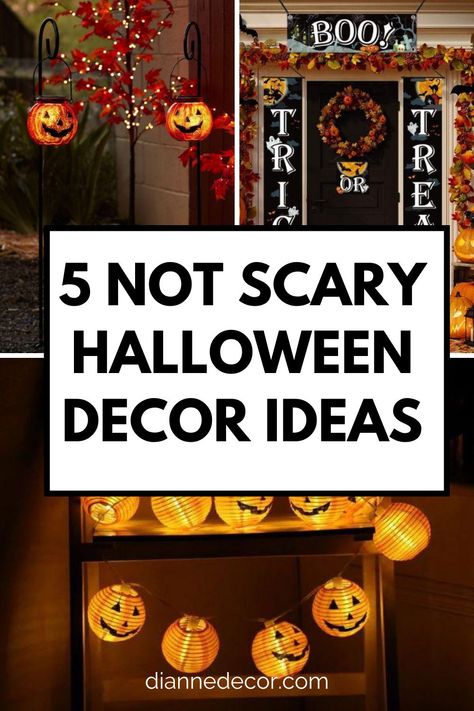 If you're not into scary Halloween decorations, but still want to decorate.  What should you do?      Try one of these 5, not scary Halloween decor ideas this year.    With these creative decorating ideas you no longer have to settle for fall decor on Halloween.    Instead, you can opt for these really cool and inexpensive decorations to celebrate the holiday without giving anyone nightmares!    #notscaryhalloweendecor #nonscaryhalloweendecor #halloweendecorideas #halloweendecorations Halloween Decorations Not Scary, Not Scary Halloween Decorations Outdoor, Not So Spooky Halloween Decor, Not Spooky Halloween Decor, Decorating Halloween Indoor, Halloween Decor Not Scary, Non Scary Halloween Decor Outdoor, Not So Scary Halloween Decorations, Non Spooky Halloween Decor