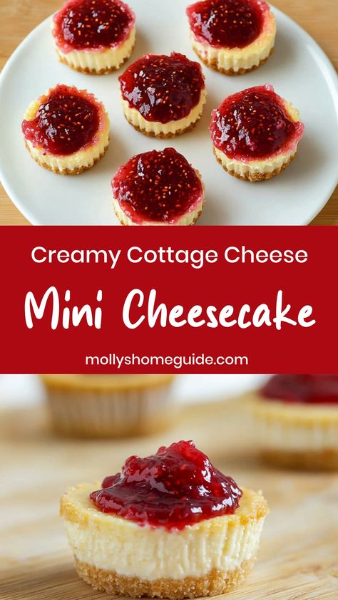 Indulge in a guilt-free treat with these delightful cottage cheese mini cheesecakes! With a smooth and creamy texture, these bite-sized desserts are perfect for any occasion. Whether you're looking for a light post-dinner sweet or a satisfying snack, these mini cheesecakes are sure to satisfy your cravings. Made with wholesome ingredients, they offer a healthier twist on the classic dessert without compromising on taste.  Ingredients 2 cups crushed graham crackers or digestive biscuits 4 tablesp Cottage Cheese Mini Cheesecake, Healthy Mini Cheesecakes, Cottage Cheese Cheesecake Cups, Cottage Cheese Treats, Cottage Cheese Crackers, Sweet Cottage Cheese Recipes, Cottage Cheese Dessert, Cottage Cheese Cheesecake, Cottage Cheese Muffins