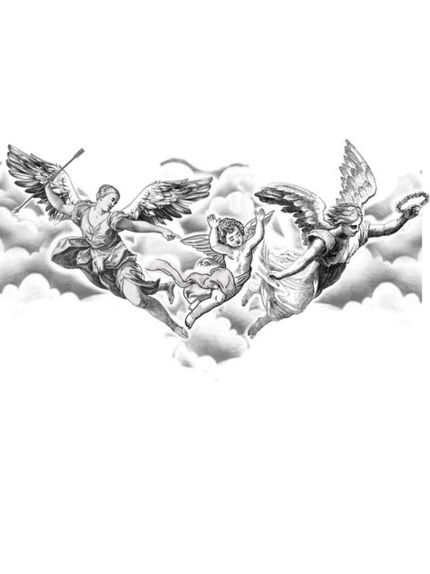 Greek Tattoos Sleeve Men, The Last Supper Tattoo Sleeve, Chest Tattoo Men Ideas Cross, Hercules Chest Tattoo, Clouds And Angels Tattoo, Men Neck Tattoo Stencil, 4 Angels Tattoo, Black And White Tattoo Stencil, Cherub Art Tattoo