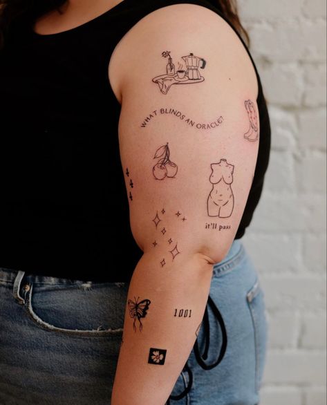 Sleeve Placement Tattoo, Womens Tattoos Arm, Thrive Tattoo, Tattoo Styles Types Of, Patchwork Sleeve Tattoo For Women, Tattoos Sleeve Women, Scattered Tattoos Sleeve Women, Scattered Tattoos, Smol Tattoos