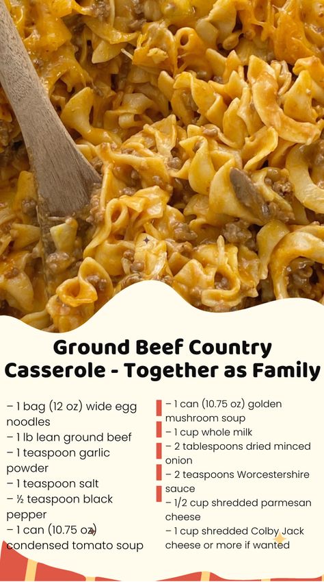 Ground Beef Country Casserole is packed with all your favorite comfort foods. Tomato, mushrooms, creamy sauce, ground beef, and egg noodles. Ground Beef Country Casserole, Spaghetti With Egg Noodles, Ground Beef And Egg Noodle Recipes Easy, Ground Beef And Egg Noodle Recipes, Egg Noodles And Ground Beef, Beef And Egg Noodles, Hamburger Meat Recipes Ground, Hamburger Meat Recipes Easy, Country Casserole