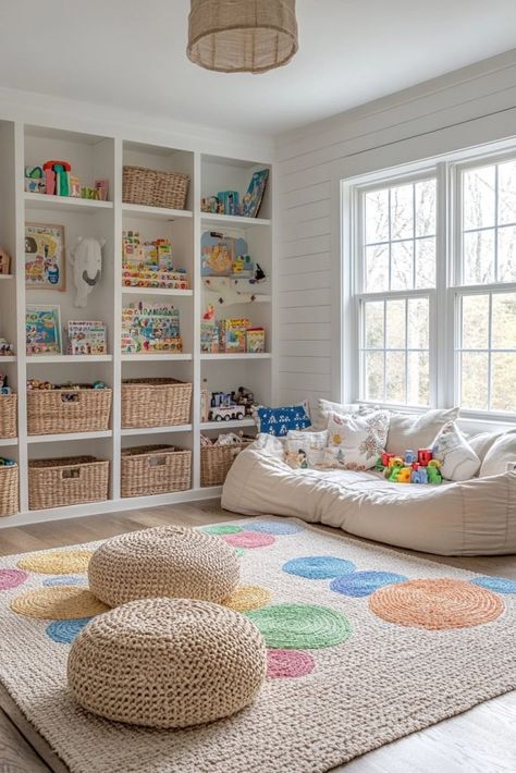 29 Modern Farmhouse Interior Ideas for a Cozy and Stylish Home 22 Stylish Playroom Ideas, Creative Home Interiors, Loft Toy Room, Kids Playroom Idea, Kids Table Playroom, Kids Room With Storage, Playroom Den Ideas, House Design Playroom, Toys Room Ideas