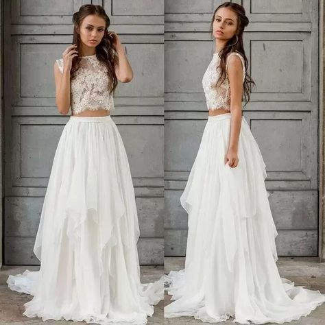 Wedding Dresses 2 Piece Crop Tops Bridal Gowns, Sofisticated Outfits, Wedding Dress Crop Top, Country Bridal Gown, Dress Crop Top, 2 Piece Wedding Dress, Crop Top Wedding Dress, Lace Top Wedding Dress, Summer Wedding Dress Beach