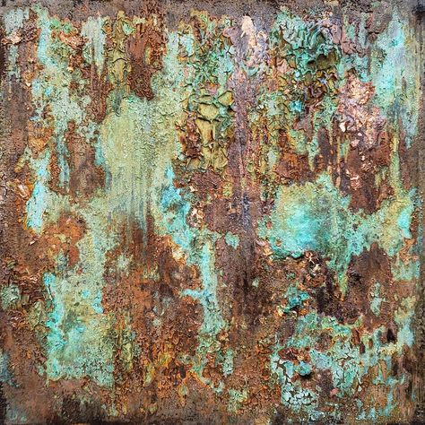 12 x 12 Mixed-media on wood panel . . . #patina #patinaart #rustedstuff #goldleaf #verdigris #copper #painting #color #rust #patterns… Verdigris Paint Technique, Verdigris Color Palette, Oxidized Copper Aesthetic, Skeleton Throne, Bloodborne Dnd, Rusted Copper, Copper Aesthetic, Copper Verdigris, Patina Art