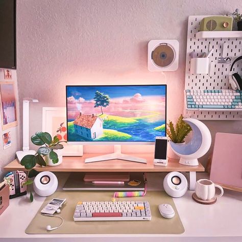 Immerse yourself in a world of adorable gaming gear and create a setup that's not only powerful but also oozes charm and style. 🎮🌷 #GamingSetup #CuteGaming #LovelyDesign Gaming Desk Astethic, Desktop Computer Setup Aesthetic, Desk Setup Kawaii, Korean Desk Setup, Tropical Room Decor, Gaming Desk Setup, Desk Aesthetic, Cozy Desk, Study Desk Decor