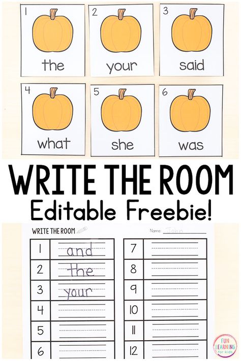 The kids will love this editable pumpkin sight word write the room activity! It is perfect for pumpkin literacy centers in kindergarten or first grade this fall. Teach sight words, CVC words, spelling words and more! #literacy #kindergarten #editable #fallactivities Kínder Activities, Preschool Pumpkins, Kindergarten Intervention, Pumpkin Literacy, November Centers, Centers In Kindergarten, Fall Literacy Centers, Pumpkins Kindergarten, Halloween Teaching