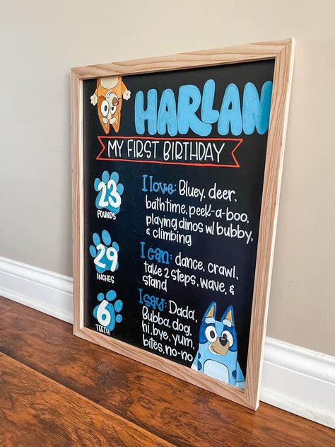 Bluey Birthday Chalkboard, Bluey Theme 1st Birthday, Bluey Birthday Party 1st, Bluey Theme First Birthday, 1st Birthday Boy Bluey Theme, One Year Old Bluey Birthday, Bluey Themed 1st Birthday Party, Bluey 1st Birthday Party For Boys, First Birthday Bluey Theme