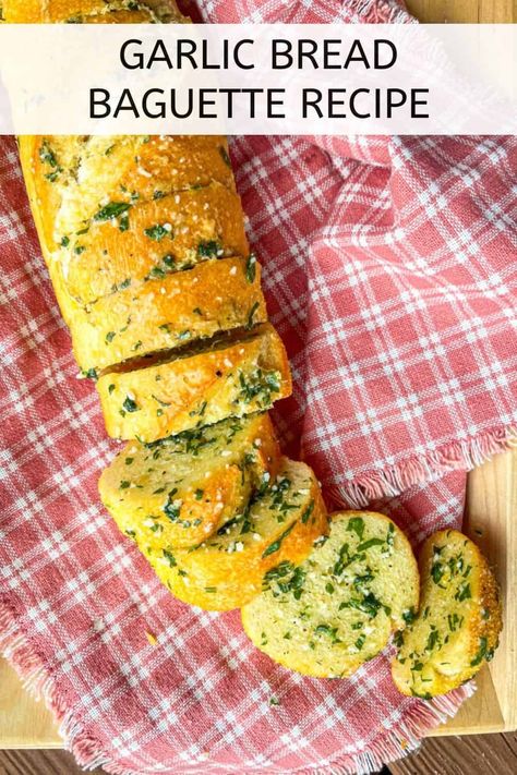 The perfect garlic bread to serve with any special occasion dinner, or just a quick weeknight spaghetti dinner. Crispy on the outside, warm, buttery and cheesy on the inside, this is the garlic bread recipe everyone will be begging you for! Pin this for your favorite recipe board today. Baquette Bread, Baguette Garlic Bread, Garlic Bread Baguette, Homemade Garlic Bread Recipe, Bread Baguette, Make Garlic Bread, Special Occasion Dinner, Baguette Recipe, Spaghetti Dinner