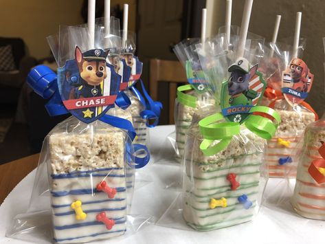 Paw Patrol Party Snacks Ideas, Paw Patrol Party Treat Ideas, Paw Patrol Rice Krispie Treats, Paw Patrol Snack Table, Paw Patrol Pretzels, Paw Patrol Themed Birthday Party Boy, Paw Portal Party Ideas, Paw Patrol Sweet Table Ideas, Paw Patrol Dessert Table Ideas