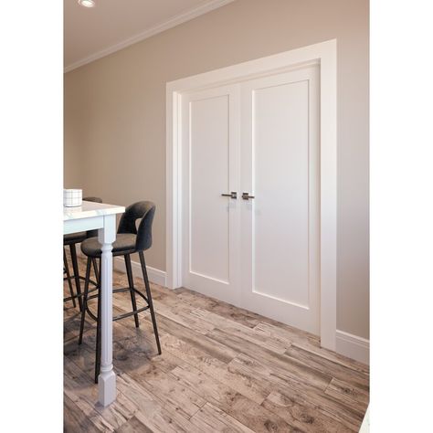 RESO Newton Solid Core Primed Double Prehung French Door with Catch Ball and Satin Nickel Hinges & Reviews | Wayfair Shaker Doors Interior, Single Panel Door, Shaker Interior, Prime And Composite, Barn Door Installation, Double Doors Interior, Prehung Interior Doors, Prehung Doors, Door Casing