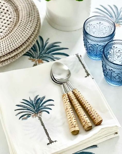 Add a touch of seaside charm✨ to your dining experience with our Blue Palm Tablecloth and Napkins 🌴✨ With its soft blue color palette, coastal palm motif and high quality fabric, it makes for a perfect choice for all seasons.🏡🌴 Available in rectangular, round and square shape. Pair the tablecloth with our Blue palm napkins to make your setting more stunning! ❤️ #artisanmade #handblockprinted #tabletopinspiration #blockprintedtablecloth #nauticaltheme #beachtheme #coastalhome #coastaldecor ... Tablecloth Size Chart, Blue Palm Tree, Blue Tablecloth, Tablecloth Sizes, Hamptons House, Printed Napkins, Rectangle Tablecloth, Square Tablecloth, Beer Gifts