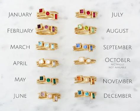 Gold Birthstone Rings in January, February, March, April, May, June, July, August, September, October, November, December, Stack Rings are handmade and on Etsy in Toozy Studio. Mothers Ring Two, Ring For Mothers, Rose Gold Mothers Rings, Cheap Women's Stackable Rings With Names, Best Stackable Wedding Rings, Ring With Stone For September, Baguette Mothers Ring, Minimalist Mothers Ring, Mothers Ring Stackable