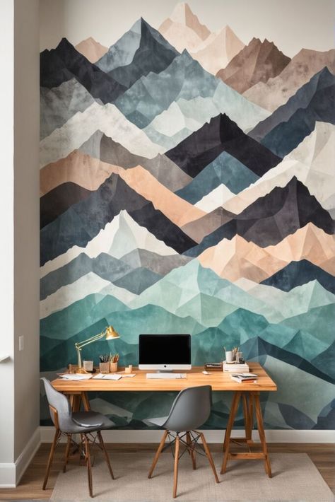 20 DIY Mountain Mural [For Every Room] Church Room Ideas, Diy Mountain Mural, Mountain Murals, Accent Wall Mural, Diy Mountain, Indoor Playground Design, Wall Mural Ideas, Mountain Mural, Mountain Silhouette