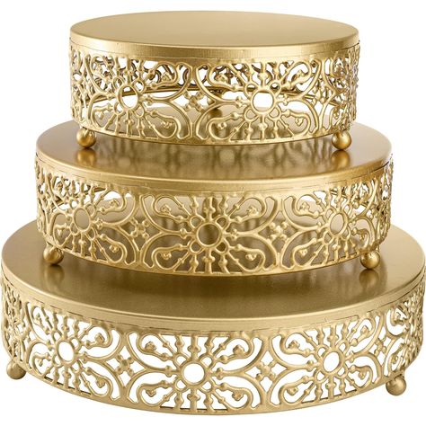 PRICES MAY VARY. High Quality Material Make Great Cake Stand - Good metal, good craft, good welding and good finishing. Gorgeous, durable. Attractive Appearance - Gold fancy as trimmings round the edge, antique base sculpt, glaze surface. Shiny metallic gloss finish giving it a luxurious look, help you decorate your house. Easy to Use - Our elegant design gold party cake stand don’t need to assemble, convenient to use handling, and transporting. Totally reusable. Size - S: 8" D * 3" H; M: 10" D Celebration Plate, Cheese Cupcake, Celebration Desserts, Pastry Display, Gold Cake Stand, Metal Cake Stand, Round Cake Stand, Cake Stand Set, Cupcake Stands