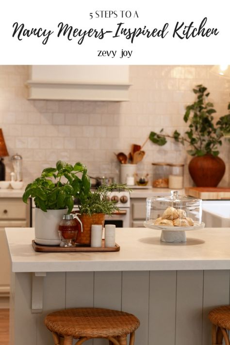 5 Steps to a Nancy Meyers - Inspired Kitchen - zevy joy Coastal Counter Stools, Backless Counter Stools, Nancy Meyers Movies, Colorful Backsplash, Kitchen Peninsula, Built In Banquette, Cozy Breakfast Nook, Kitchen Necessities, Minimal Kitchen