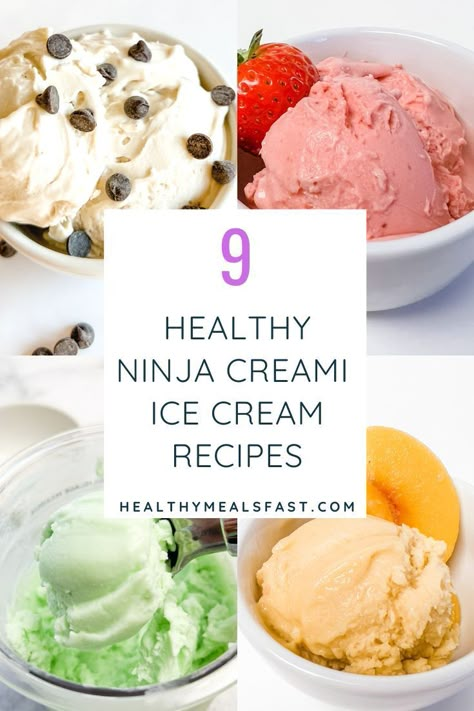 Text "9 Healthy Ninja Creami Ice Cream Recipes" over 4 pictures of ice cream Ninja Creami Ice Cream Recipes, Low Sugar Ice Cream, Ice Cream Maker Recipes Healthy, Ninja Creami Recipes, Ninja Ice Cream Recipe, Protein Ice Cream Recipe, Strawberry Ice Cream Recipe, Healthy Ice Cream Recipes, Creami Recipes