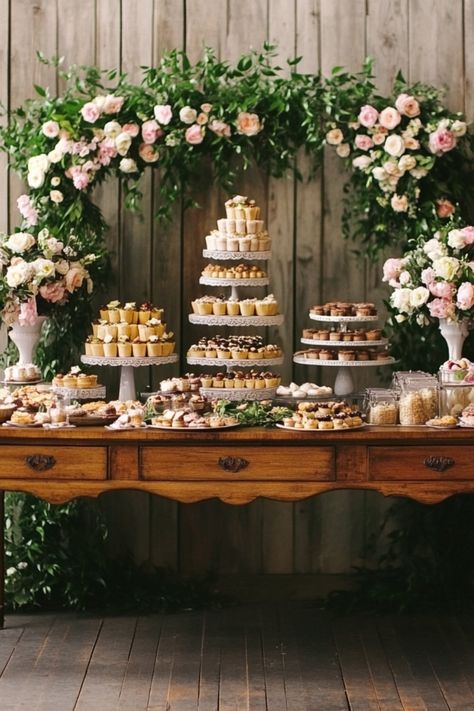 Discover stunning rustic wedding dessert table display ideas & tips to create a charming and memorable centerpiece for your celebration. Explore creative and chic setups, delicious treats, and styling advice to wow your guests. Enhance your rustic theme with our expert suggestions. Don't miss out on these essential tips to perfect your dessert table. Start planning your dream wedding today! Round Table Centerpieces Wedding Rustic, Cake And Dessert Table Wedding, Wedding Dessert Table Ideas Rustic, Food Counter Decor Wedding, Desert Table Decoration Ideas Wedding, Diy Wedding Bar Self Serve, Wedding Food Table Decorations, Wedding Buffet Table Setup, Dessert Table Display Ideas