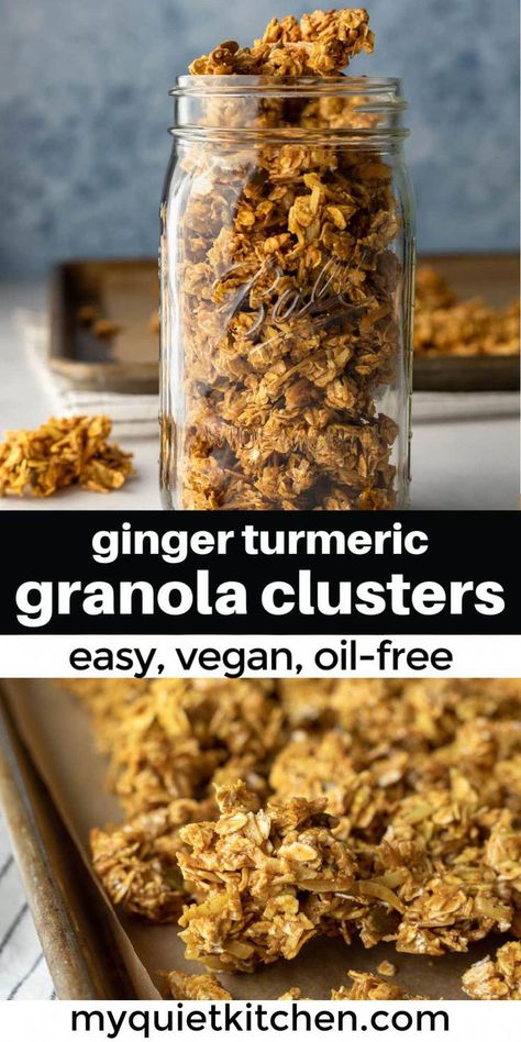 No Oil Granola Recipe, Turmeric Granola, Wfpb Snacks, Granola Ideas, Pb Snacks, Wfpbno Recipes, Ginger Granola, Granola Homemade, Granola Clusters