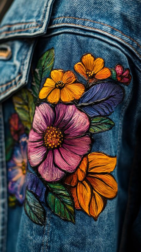 Custom hand-painted denim jacket featuring a vibrant floral design, captured in natural light using a Sony Alpha a7 III and a 50mm f/1.8 lens, showcasing intricate details in high resolution. Jean Jacket Art Ideas, Painted Jean Jacket Diy, Hand Painted Jeans Diy Ideas, Custom Denim Jacket Paint, Hand Painted Denim Jacket Art, Hand Painted Jean Jacket, Denim Painting, Unique Denim Jacket, Floral Denim Jacket