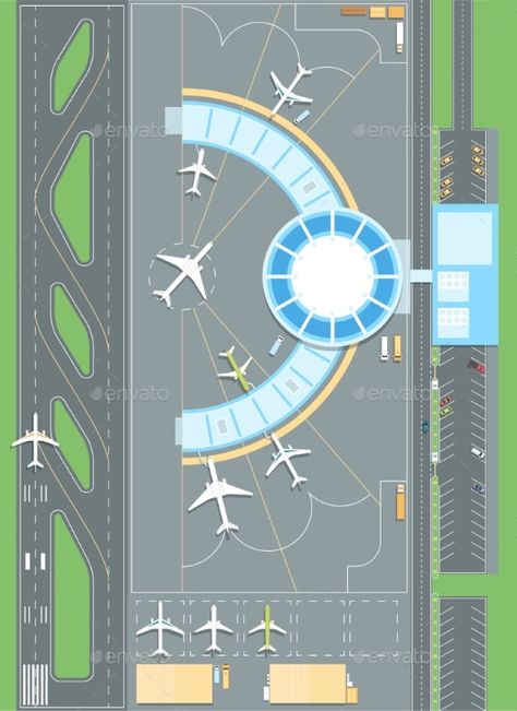 Top View of the Airport - Modern Vector Colorful Airport Layout Design, Airport Layout, Lego Airport, Airport Theme, Landing Zone, Airport Map, Floating Architecture, Airplane Drawing, City Layout